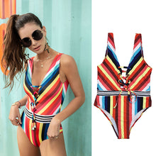 Load image into Gallery viewer, Color printed swimsuit with drawstring and lace up