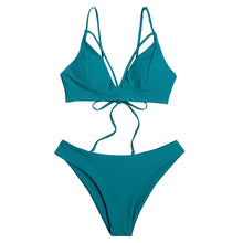 Load image into Gallery viewer, Sexy Lace Split Swimsuit Solid Color Bikini
