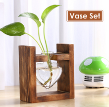 Load image into Gallery viewer, Glass Wood Vase Table Desktop Hydroponics Plant Stationery Bonsai Flower Pot Decoration Hanging Pots with Wooden Tray Pen Holder
