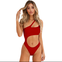 Load image into Gallery viewer, New hollow irregular waist single shoulder solid color wrapped chest bikini one-piece swimsuit female