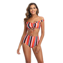 Load image into Gallery viewer, Vertical stripe printed stitching swimsuit