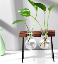 Load image into Gallery viewer, Glass Wood Vase Table Desktop Hydroponics Plant Stationery Bonsai Flower Pot Decoration Hanging Pots with Wooden Tray Pen Holder