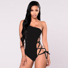 Load image into Gallery viewer, One-shoulder sexy bikini swimsuit with hoop cross strap