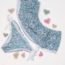 Load image into Gallery viewer, Light Blue Floral Pattern Strapless Off Shoulder Women Sexy Slit Bikini Set Swimwear Women Beach Bathing Swimsuit
