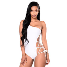 Load image into Gallery viewer, One-shoulder sexy bikini swimsuit with hoop cross strap
