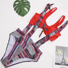 Load image into Gallery viewer, Split swimsuit printed high waist strap swimsuit beach jacket

