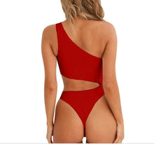 Load image into Gallery viewer, New hollow irregular waist single shoulder solid color wrapped chest bikini one-piece swimsuit female

