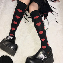 Load image into Gallery viewer, Streetwear Women Harajuku Punk Black Red Polka Dot   Love Heart Slim Cotton Long Socks Gothic Lolita
