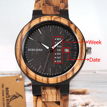 Load image into Gallery viewer, Relogio masculino BOBO BIRD Wood Watch Men erkek kol saati Week Display Date Quartz Watches Wooden Accept Logo Drop Shipping
