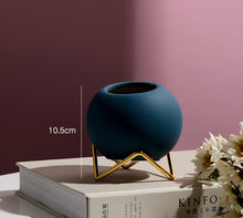 Load image into Gallery viewer, Round Ceramic Plant Pot With Gold Metal Holder
