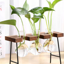 Load image into Gallery viewer, Glass Wood Vase Table Desktop Hydroponics Plant Stationery Bonsai Flower Pot Decoration Hanging Pots with Wooden Tray Pen Holder
