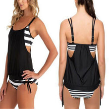 Load image into Gallery viewer, Gather Black And White Striped Split Bikini Ladies Swimsuit
