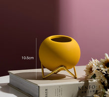 Load image into Gallery viewer, Round Ceramic Plant Pot With Gold Metal Holder
