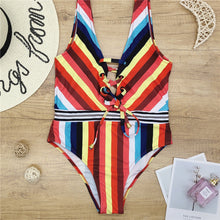 Load image into Gallery viewer, Color printed swimsuit with drawstring and lace up
