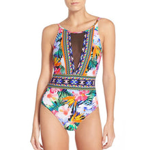 Load image into Gallery viewer, Sexy Mesh One Piece Swimsuit High Cut Swimwear Women Floral Bathing Suit Patchwork Bikini

