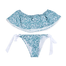 Load image into Gallery viewer, Light Blue Floral Pattern Strapless Off Shoulder Women Sexy Slit Bikini Set Swimwear Women Beach Bathing Swimsuit
