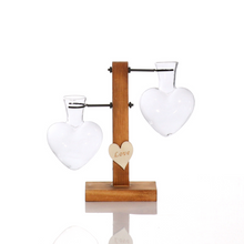 Load image into Gallery viewer, Love Heart Shape Clear Glass Hydroponic Flower Vase Terrarium Wooden Stand Holder Decoratio Glass Tabletop Plant Flower Vase
