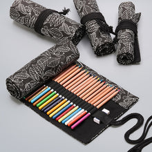 Load image into Gallery viewer, Black Leaf Canvas Printing Pen Curtain Large Capacity Pencil Case Stationery Bag
