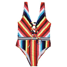 Load image into Gallery viewer, Color printed swimsuit with drawstring and lace up
