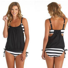 Load image into Gallery viewer, Gather Black And White Striped Split Bikini Ladies Swimsuit
