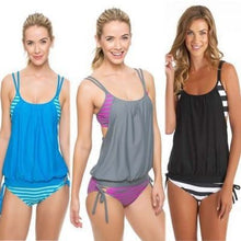 Load image into Gallery viewer, Gather Black And White Striped Split Bikini Ladies Swimsuit
