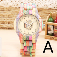 Load image into Gallery viewer, Large Dial Colorful Bamboo Skeleton Movement Quartz Wood Watch
